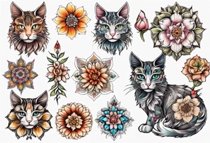 Cat colored flowers Mandala tattoo idea