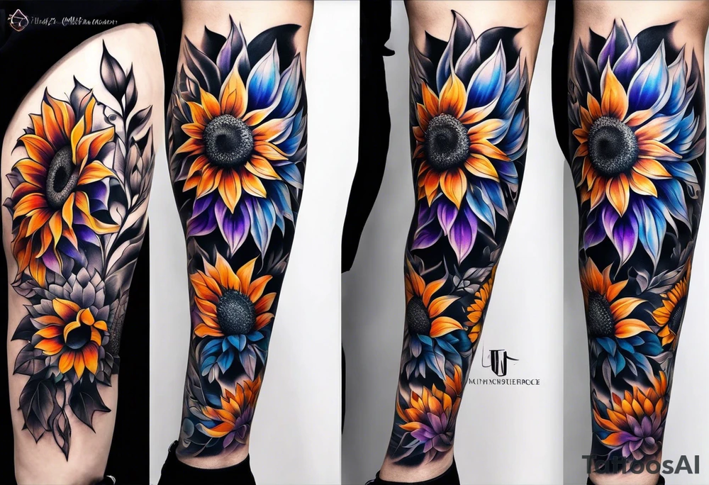 Full leg sleeve with purple, orange and blue sunflowers tattoo idea