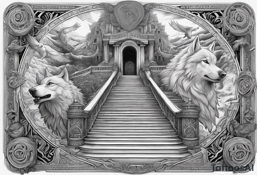 a staircase to valhalla with Odin at its end. On the side of the stair is a pack ow wolves. Also add in a a pair of doves and two ravens tattoo idea