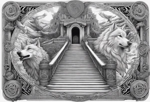 a staircase to valhalla with Odin at its end. On the side of the stair is a pack ow wolves. Also add in a a pair of doves and two ravens tattoo idea