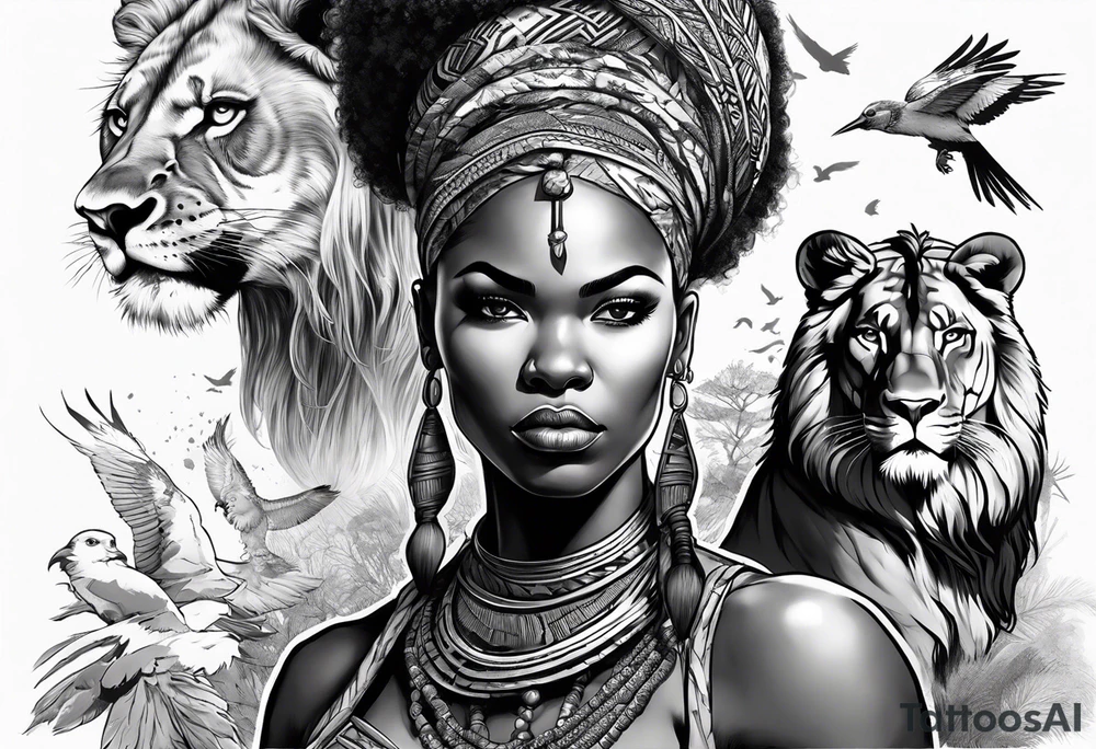 African woman warrior holding a spear with a mean look on her face with birds in the background and lion tattoo idea
