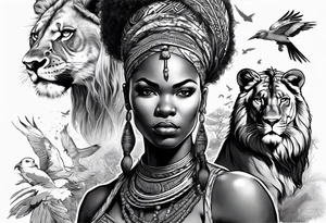 African woman warrior holding a spear with a mean look on her face with birds in the background and lion tattoo idea