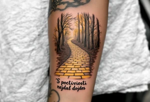 "S poctivosti nejdal dojdes." — A path made of golden bricks winding through a forest, with the phrase etched in elegant black script beneath. tattoo idea