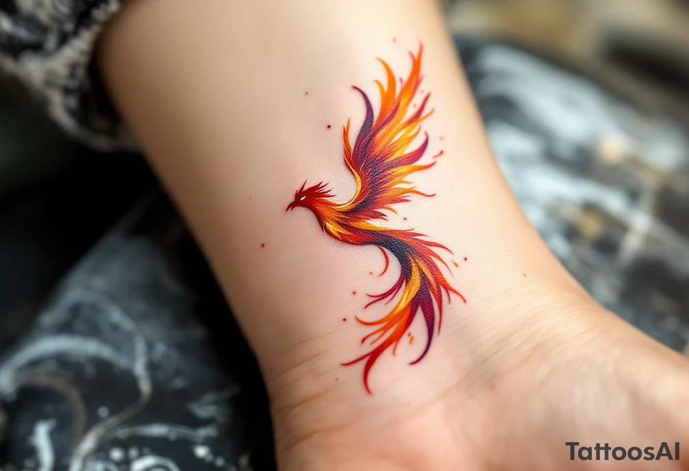 A phoenix rising from the flames in an infinity shape, colored in fiery red, orange, and gold, symbolizing rebirth. tattoo idea