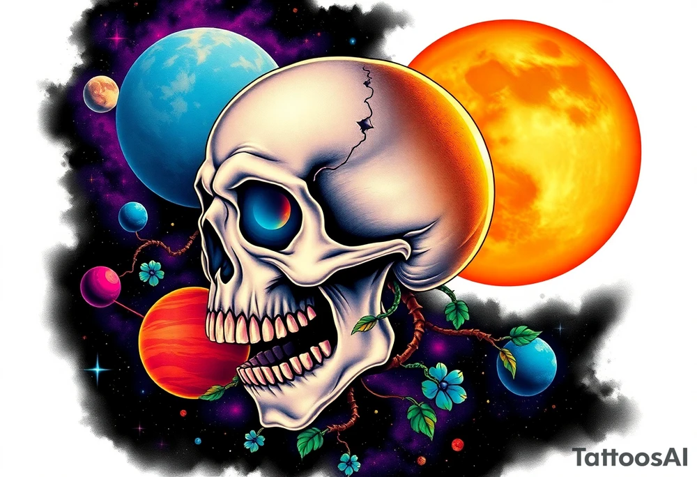 gothic skull as the moon and life as the sun. intertwined with climbing  vines as space dust connecting planets and galaxy in background of skull really bright colors used for the planets and stars shade's of Purple, Blue and black as the backdrop for galaxy tattoo idea