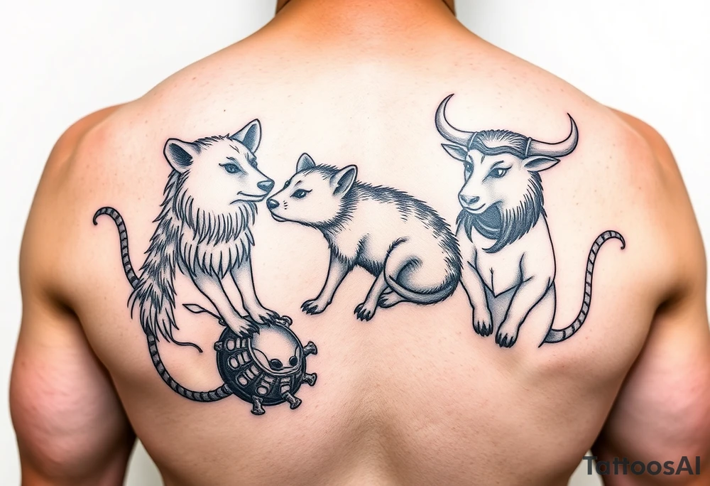 Japanese style tattoo consisting zodiac animals: rat(in the middle) with dog, goat, and ox surrounding the rat. All animals are all dressed up Samurai warrior style in a circular formation on the left of back tattoo idea