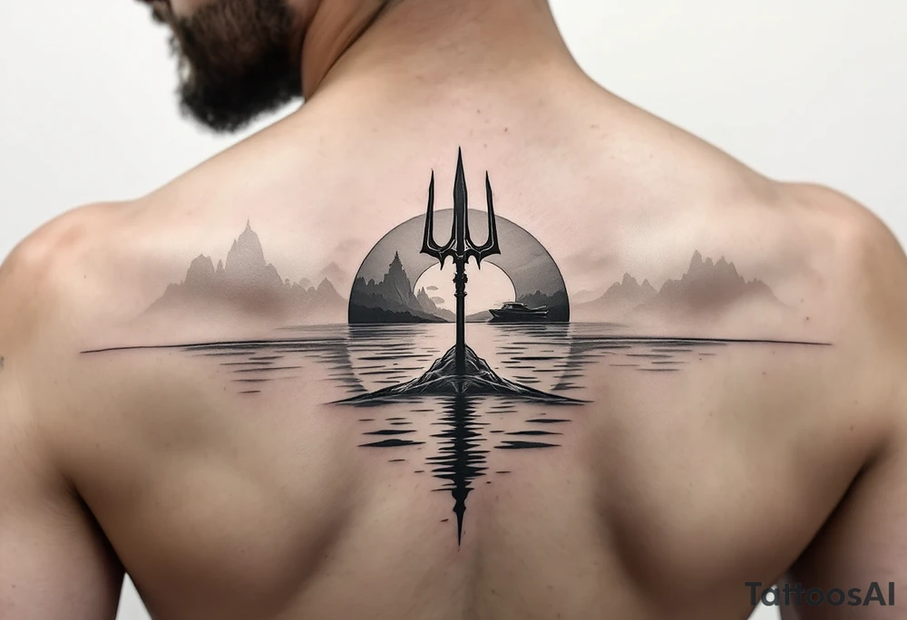 trident half way under calm water with sanger skiboat and sunset tattoo idea
