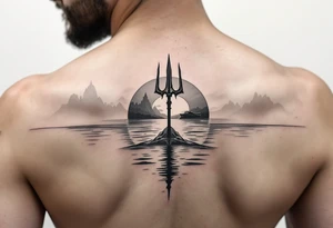 trident half way under calm water with sanger skiboat and sunset tattoo idea