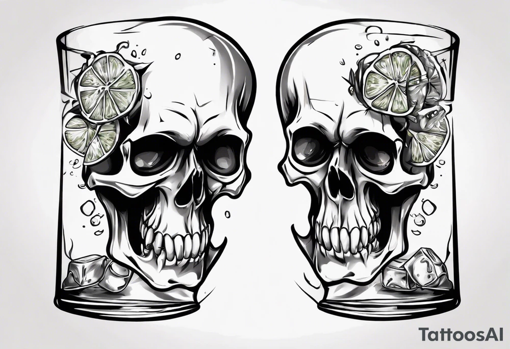 A smiling looking to the left scull inside the glass with alcohol and piece of lime tattoo idea