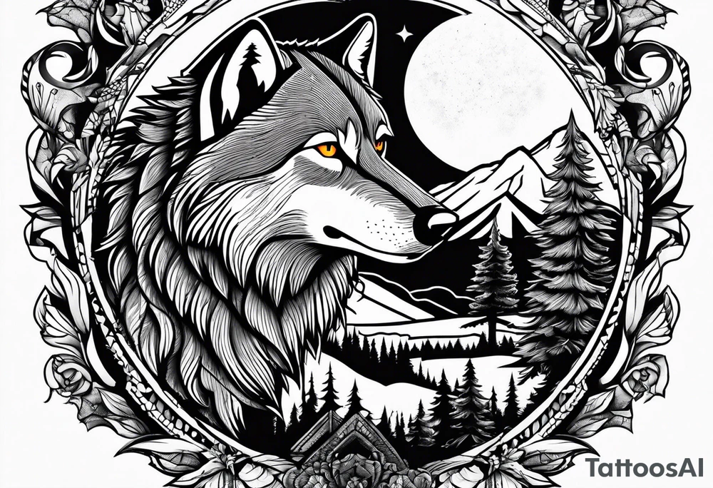 Wolf wearing sunglasses
Mountain peaks
Dark forest
Sunset
Moon tattoo idea