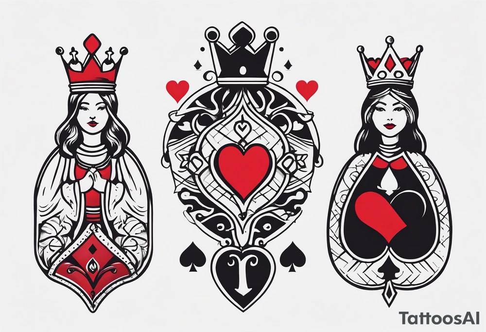 one combined tatto in minimalistic style with icon style three king of spades and icon style one queen of hearts tattoo idea