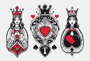one combined tatto in minimalistic style with icon style three king of spades and icon style one queen of hearts tattoo idea
