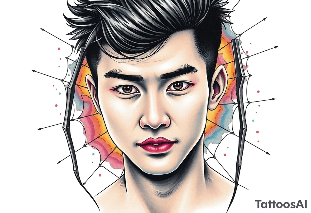 Handsome Asian young guy is behind spider web tattoo idea