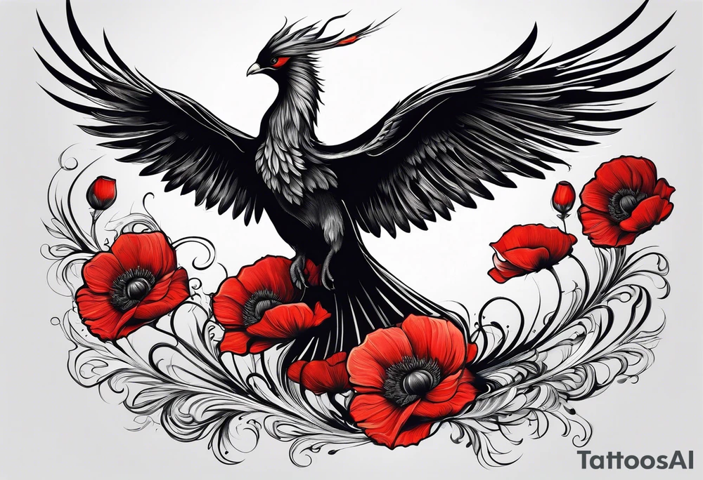 abstract pheonix holding red poppies in flight tattoo idea