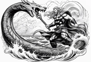 Thor fighting the world serpent in the ocean in a typhoon tattoo idea