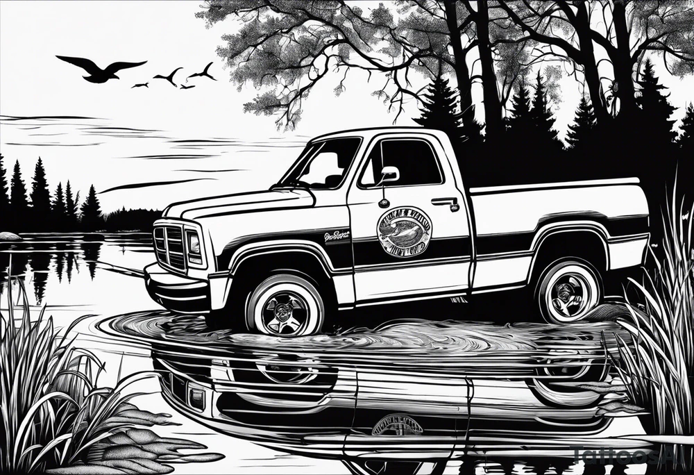 1996 2nd gen dodge ram 1500 single cab short bed in front of a pond with a sign that says gone fishing 
With a mansitting and fishing in the pond tattoo idea