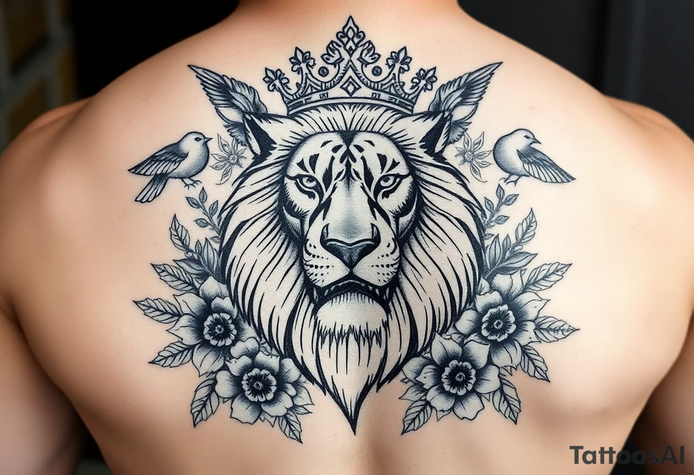 powerful majestic lion with a crown, surrounded by floral ornaments and birds tattoo idea