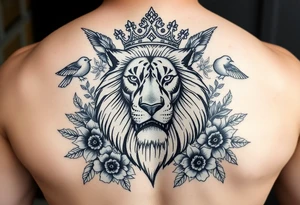 powerful majestic lion with a crown, surrounded by floral ornaments and birds tattoo idea