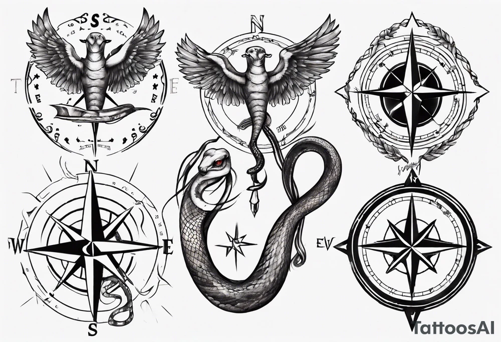 Compass tatoo with snake and gemini tattoo idea