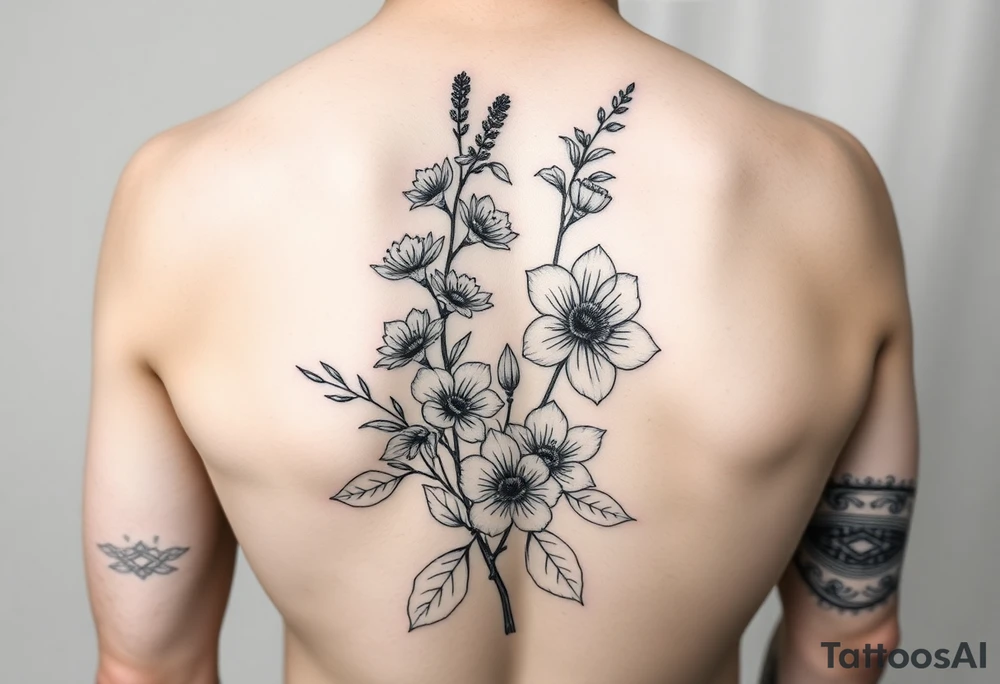 Full sleeve tattoo design of larkspur and hawthorn flowers, highly detailed line art, black ink, elegant botanical style, intertwined composition, no shading, no human mock-up, clean stencil style suitable for tattooing, fit fully within boundaries tattoo idea