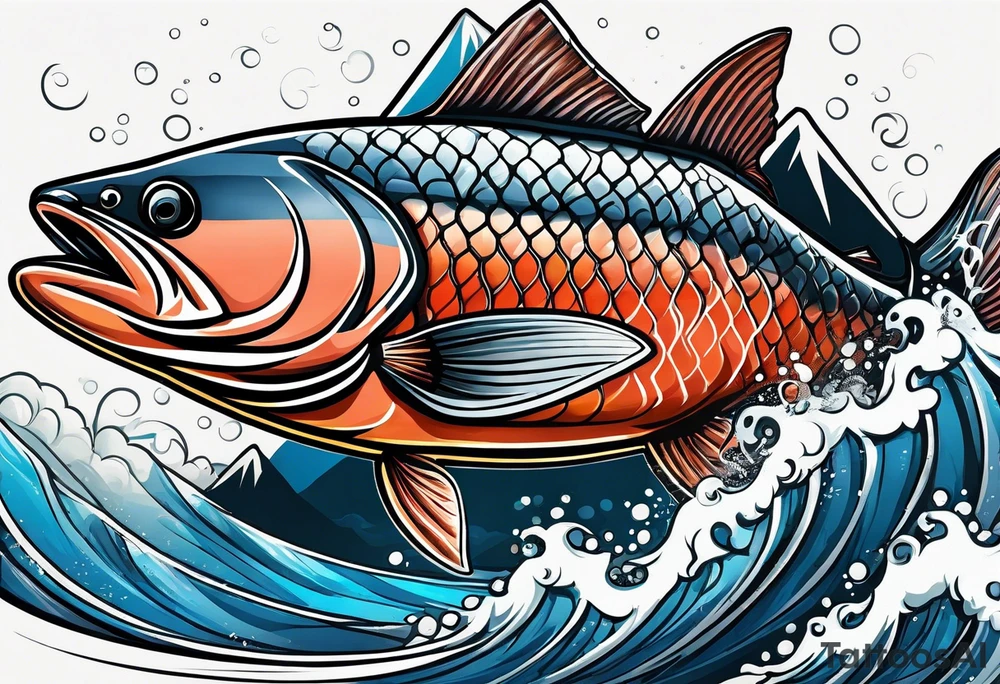 coho salmon fish with mountains and rivers inside of the body of the fish jumping through the air tattoo idea