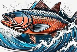 coho salmon fish with mountains and rivers inside of the body of the fish jumping through the air tattoo idea