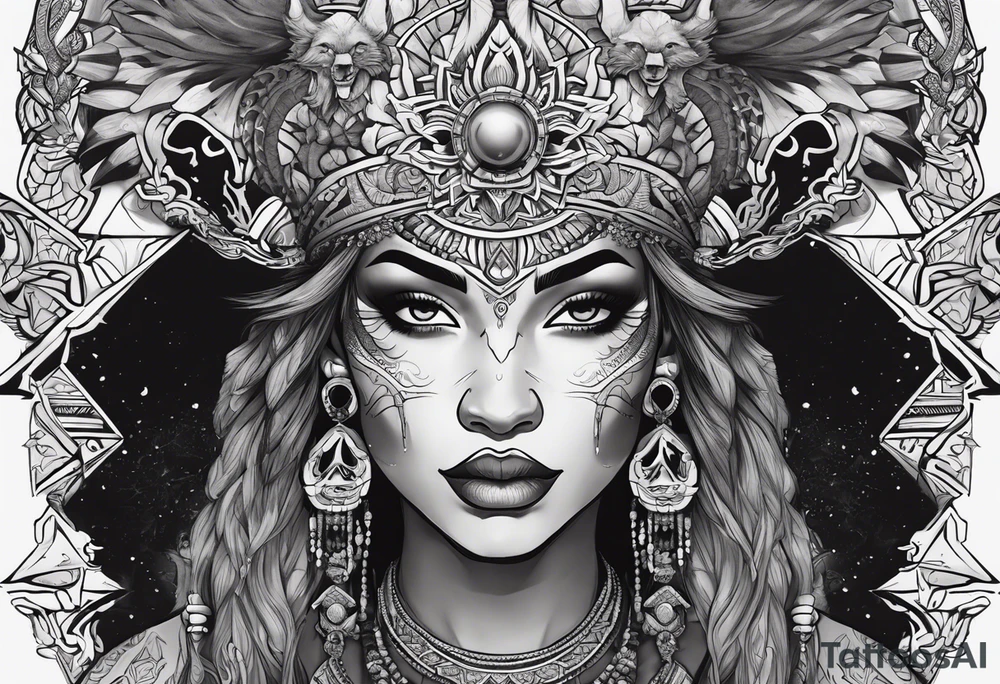 kali, valkrye, pirate, african goddess, , warrior, native american, lotus, zenza resonance, skulls, dragon, pachamama, left side face, chest, right wing, tattoo idea