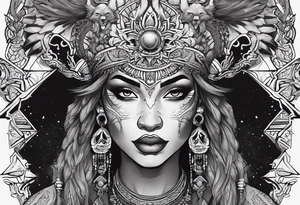 kali, valkrye, pirate, african goddess, , warrior, native american, lotus, zenza resonance, skulls, dragon, pachamama, left side face, chest, right wing, tattoo idea