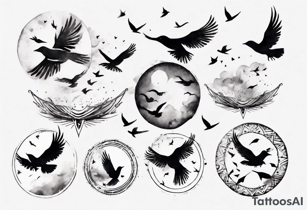 shoulder tattoo with light rays with birds flying free among the clouds, round shape, 3d effect tattoo idea