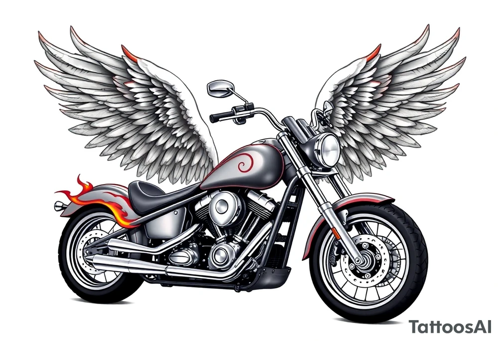 Low rider grey motorcycle, flames, angel wings tattoo idea