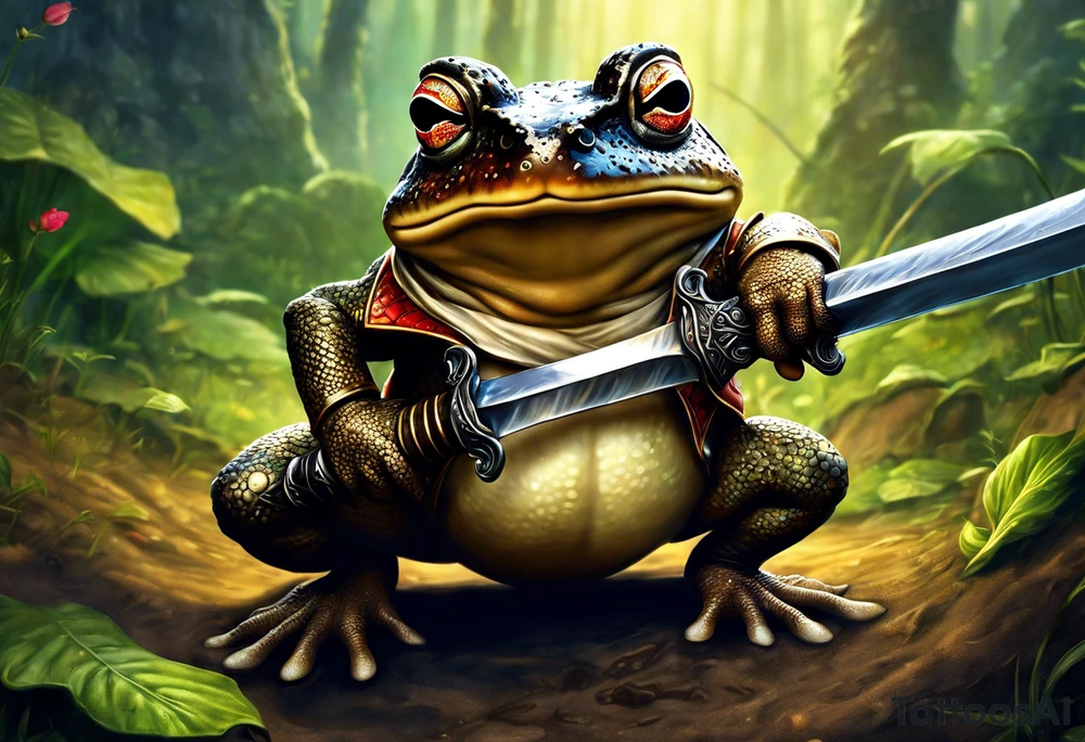 toad with sword; sword s¡is pointing down(sword stuck in the ground) as if the toad was standing; no clothes tattoo idea