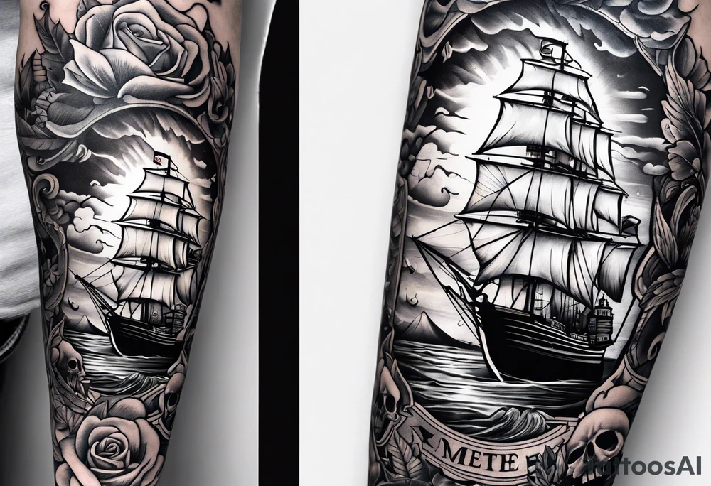 I want a lower leg sleeve with a ship, lighthouse, compass and a skull with a sailors hat on tattoo idea