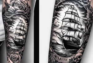 I want a lower leg sleeve with a ship, lighthouse, compass and a skull with a sailors hat on tattoo idea