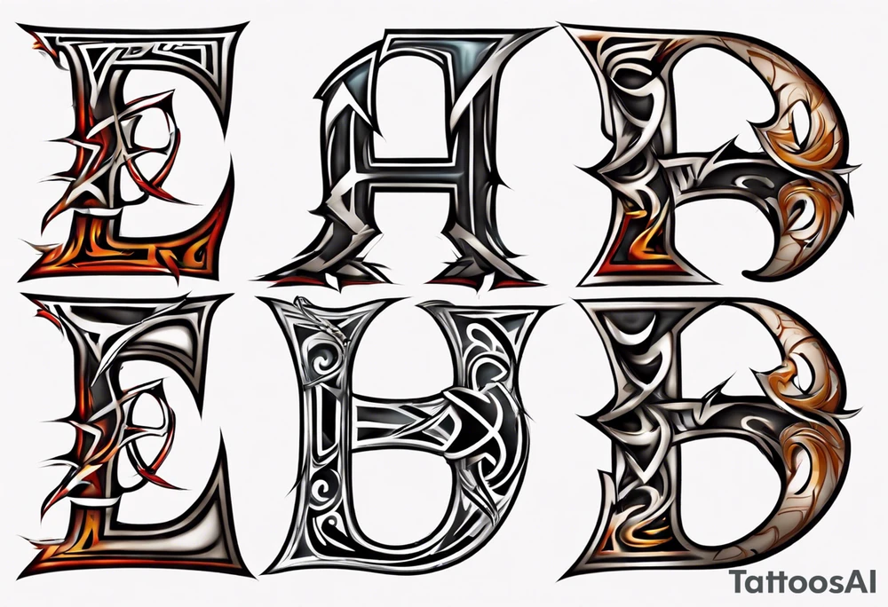 combine the letters E and H with tribal pattern tattoo idea