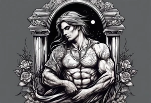 Man emerging from grave. 
MIW Reincarnate written on gravestone tattoo idea