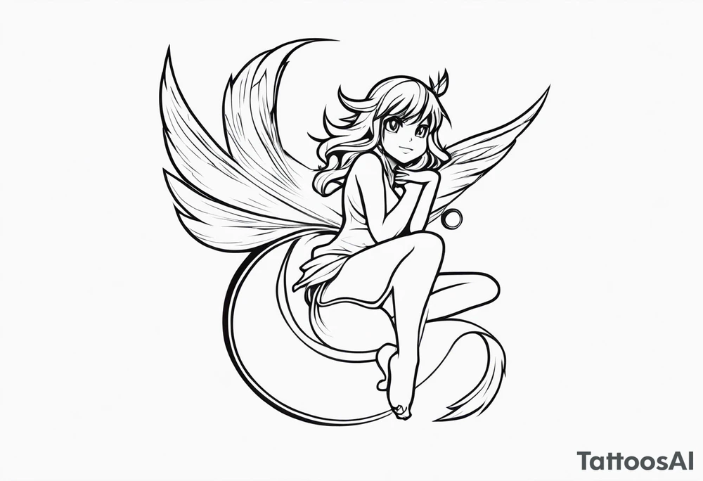 No color fairy with a tail inspired by the logo of the anime show called Fairy Tail in a fetal position leaning in and forward in the air flying tattoo idea