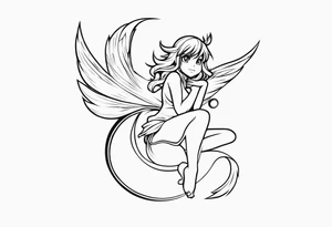 No color fairy with a tail inspired by the logo of the anime show called Fairy Tail in a fetal position leaning in and forward in the air flying tattoo idea