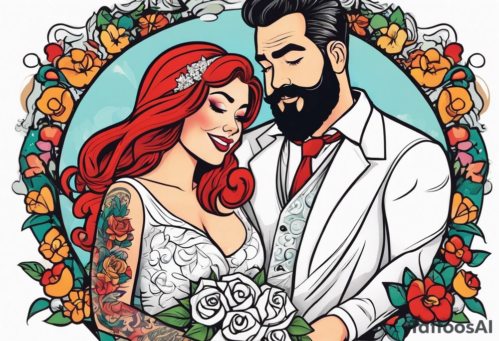 Busty red haired woman with a bearded man who has black hair getting married tattoo idea