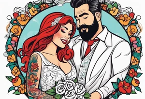Busty red haired woman with a bearded man who has black hair getting married tattoo idea