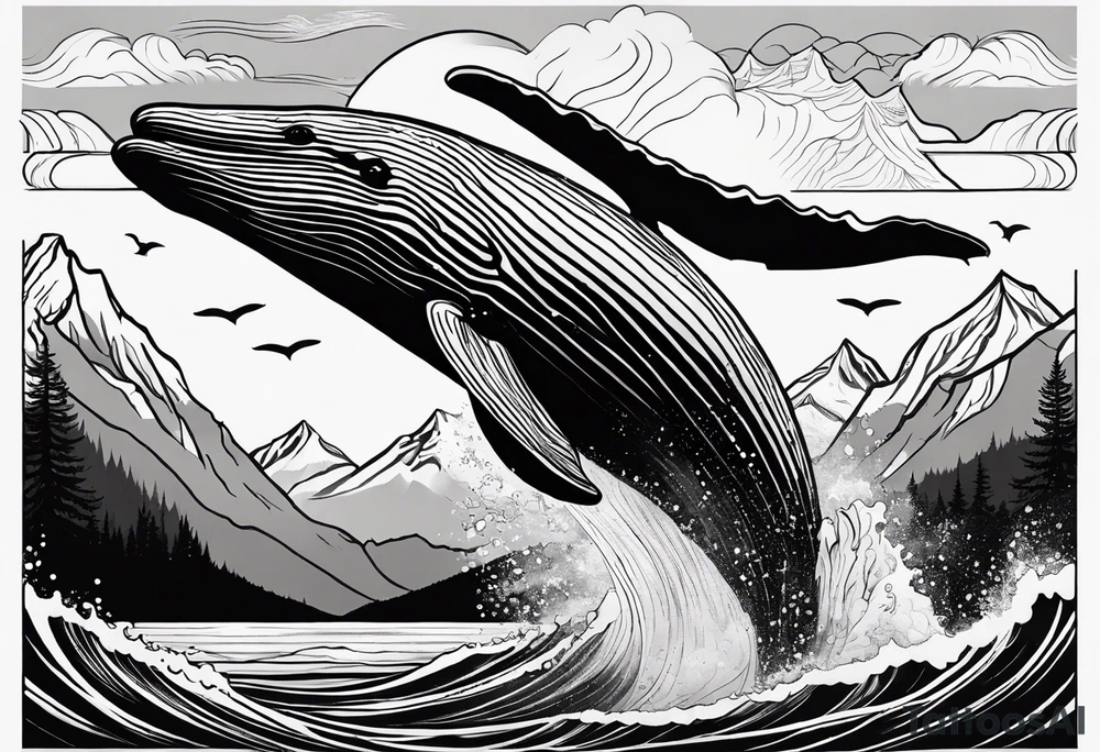 breaching humpback whale with a drawing of the Teton mountains inside of it's tale tattoo idea