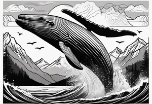 breaching humpback whale with a drawing of the Teton mountains  inside of it's tale tattoo idea