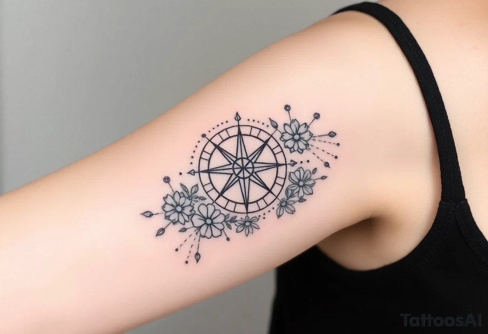 Abstract Compass surrounded with wild flowers tattoo idea