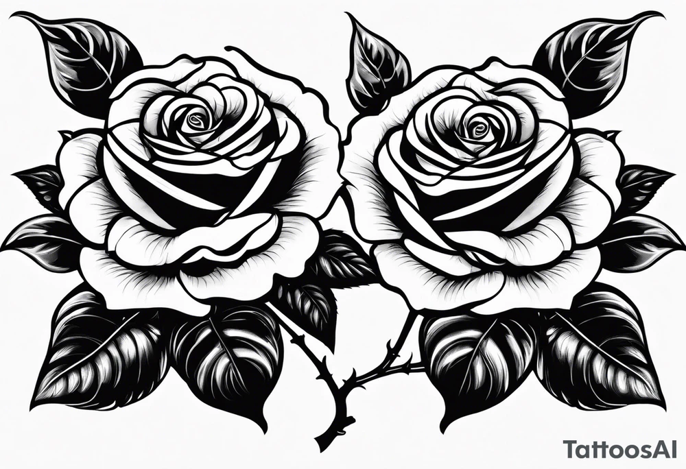 two roses with their stems intertwined, one rose should have thorns and only one main rose, the second rose should be thornless but have multiple flowers on it. I want a long stem to shower them intertwined tattoo idea