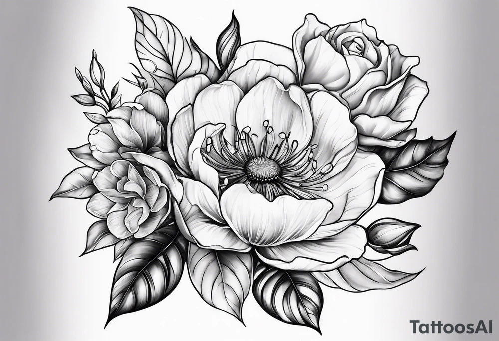 Floral design with a rose lilac magnolia Azalea Lisanthus sunflower tattoo idea
