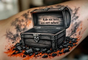 "Kde nic neni, ani cert nebere." — An empty treasure chest surrounded by scorched earth in black and rust tones, the quote carved into its lid. tattoo idea