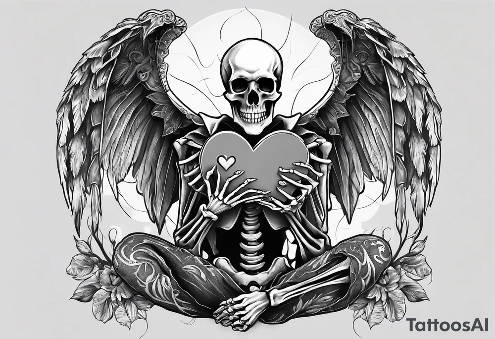 a full body skeleton sitting holding his heart in his hand tattoo idea