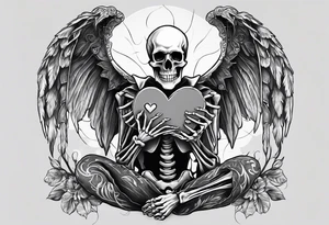 a full body skeleton sitting holding his heart in his hand tattoo idea