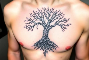 mystical tree of life with cosmic roots and celestial branches tattoo idea