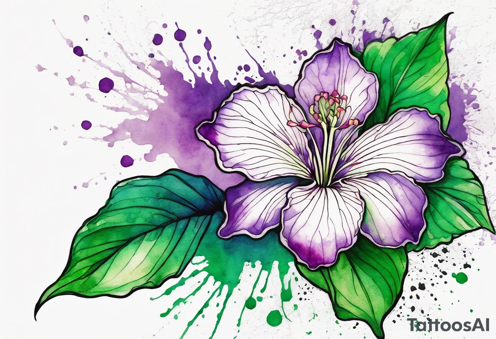 An outline of an only green rio dipladenia flower and a green and purple watercolor splash in the background tattoo idea