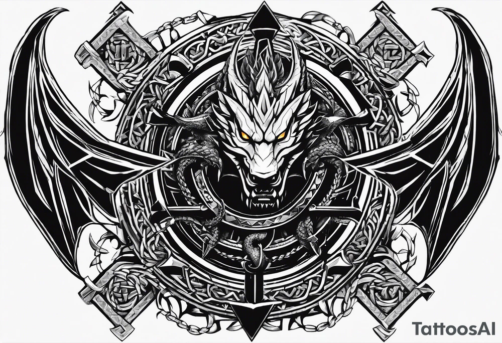 Valhalla sword shield dragon axe Valknut barbed wire chains tribal tattoo idea